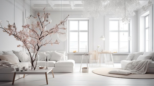 Un salon avec un canapé blanc et un arbre avec une fleur au milieu.