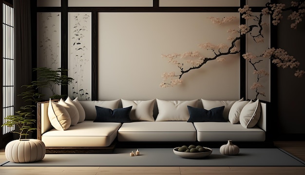 Un salon avec un canapé blanc et un cerisier au mur générative ai
