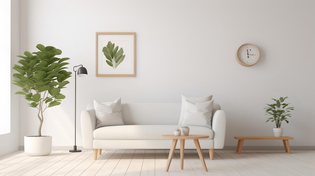 Un salon avec un canapé blanc et une horloge au mur.