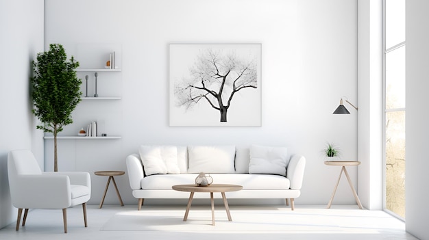 Un salon avec un canapé blanc et une image d'un arbre sur le mur.