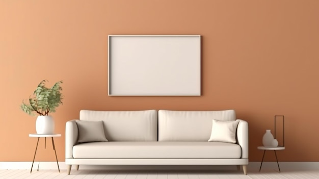Un salon avec un canapé blanc et une photo encadrée au mur.