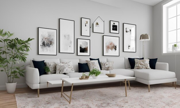 Un salon avec un canapé blanc et une table basse blanche avec une table basse blanche et une photo d'une maison au mur.