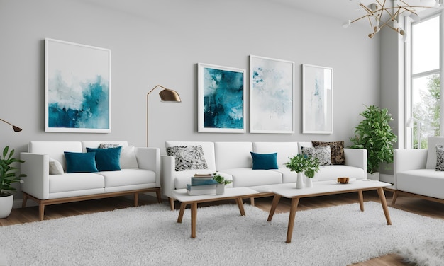 Un salon avec un canapé blanc et une table basse avec des coussins bleus et blancs.