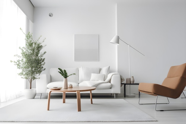 Un salon avec un canapé blanc et une table basse.