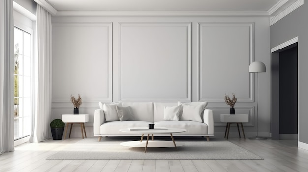 Un salon avec un canapé blanc et un tapis blanc.