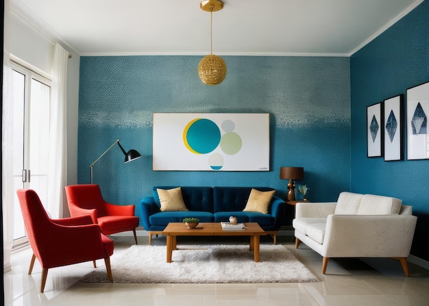 Photo un salon avec un canapé bleu, des chaises rouges et une peinture bleue et jaune