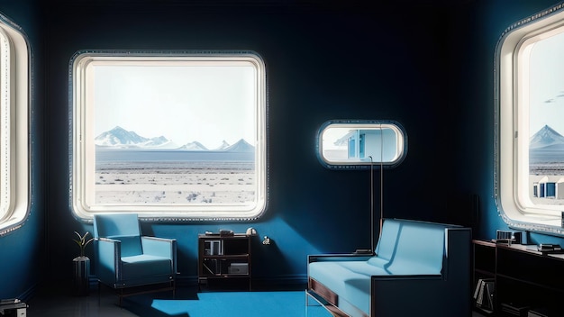 Un salon avec un canapé bleu et une fenêtre qui dit "le mot" dessus.