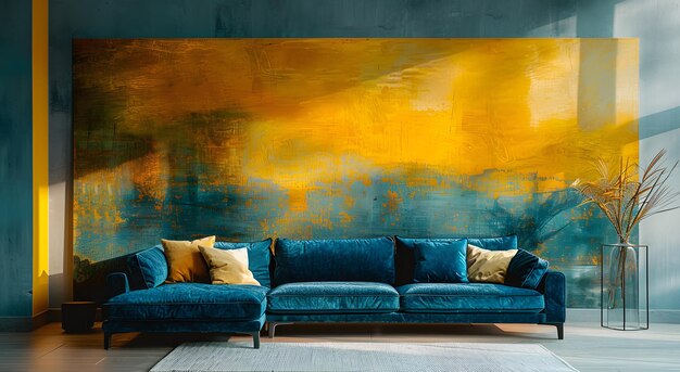 Salon avec canapé bleu grande peinture sur le mur ambiance décontractée