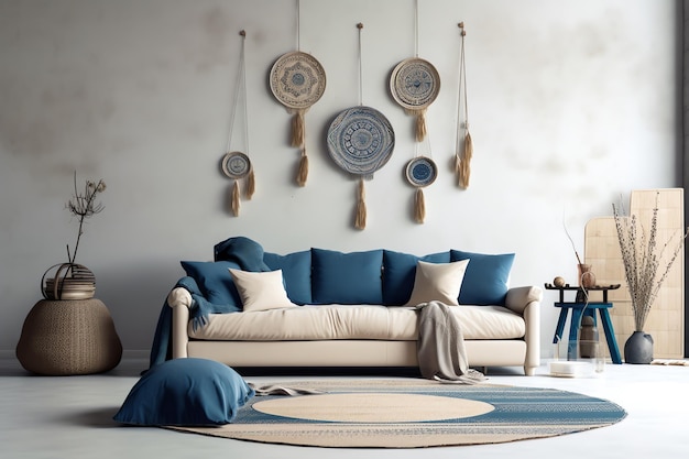 Un salon avec un canapé bleu et des oreillers avec une collection d'objets décoratifs