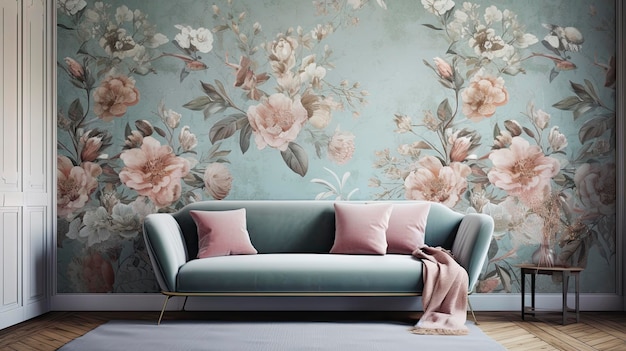 Un salon avec un canapé bleu et un papier peint à fleurs.