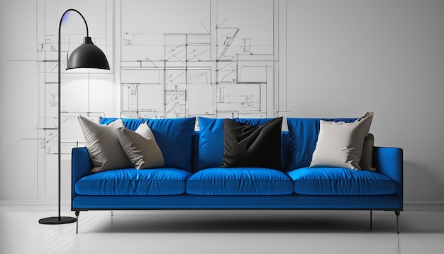 Un salon avec un canapé bleu et une peinture sur le mur