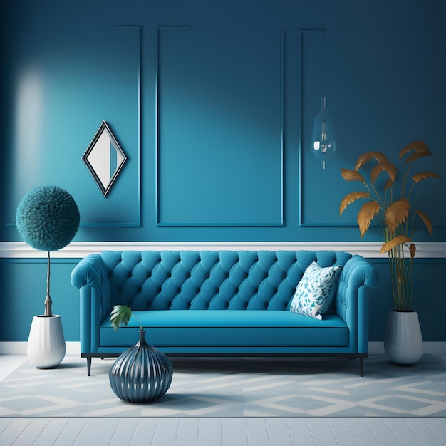 Un salon avec un canapé bleu et une plante au mur.