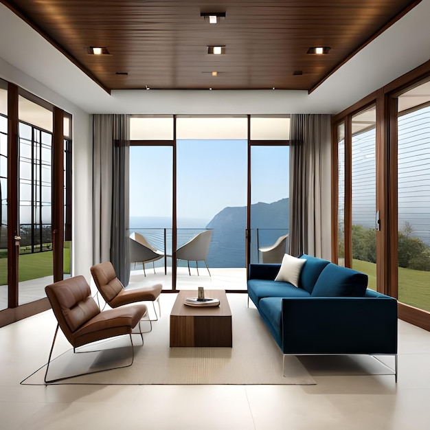 Un salon avec un canapé bleu et une table basse devant une fenêtre.