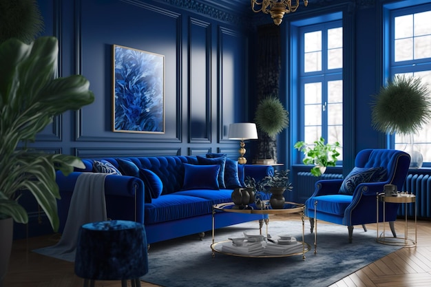 Un salon avec un canapé bleu et une table basse dorée.