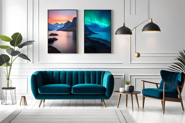 Un salon avec un canapé bleu et un tableau représentant une scène de montagne.