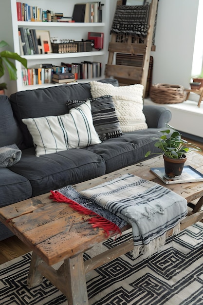 Salon avec un canapé en bois, une table à café rectangulaire et un plancher