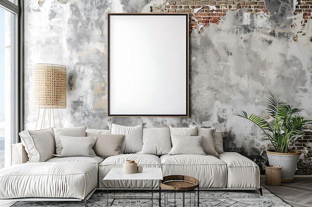 un salon avec un canapé et un cadre d'image accrochés au mur