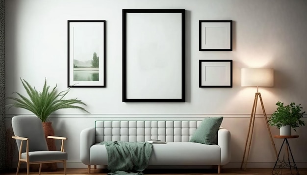 Un salon avec un canapé et un cadre photo au mur.