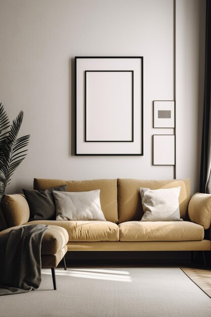 Un salon avec un canapé et un cadre photo qui dit "le mot" dessus.