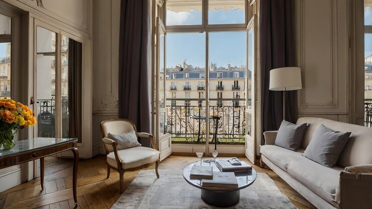 Photo un salon avec un canapé, une chaise et une fenêtre avec vue sur la ville