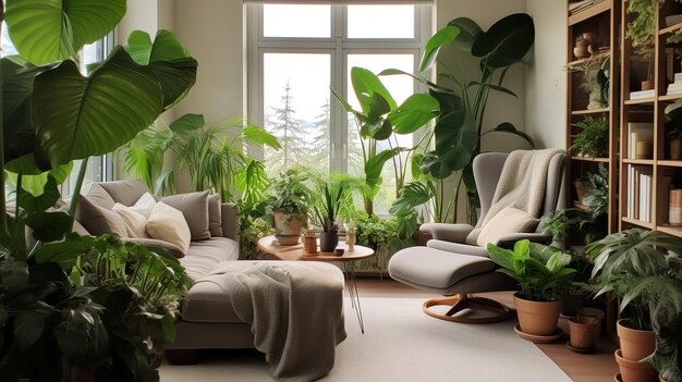 Un salon avec un canapé, une chaise, une table et une fenêtre avec vue sur les montagnes à l'extérieur.