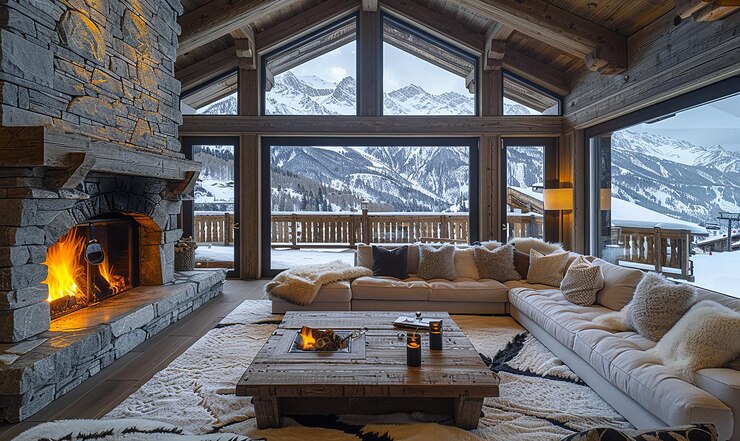 Photo un salon avec un canapé et une cheminée avec une montagne en arrière-plan