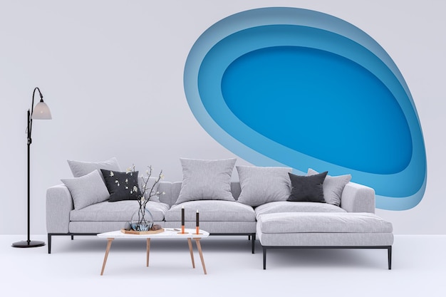 Salon avec canapé confortable et décoration murale illustration de rendu 3d