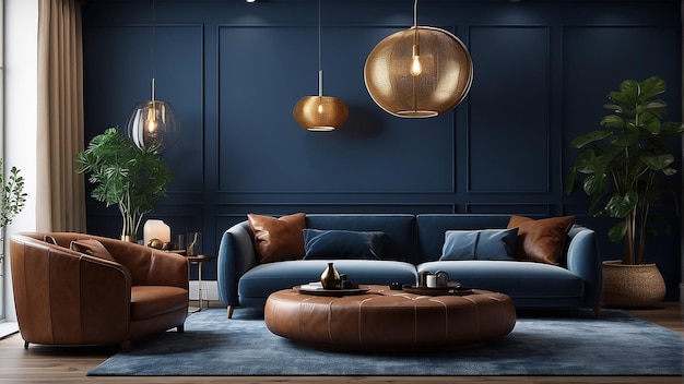 Un salon avec un canapé en cuir brun mur bleu foncé et des accents en or