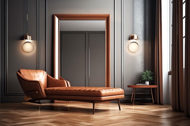 Un salon avec un canapé en cuir marron et une table en bois avec une lampe dessus.