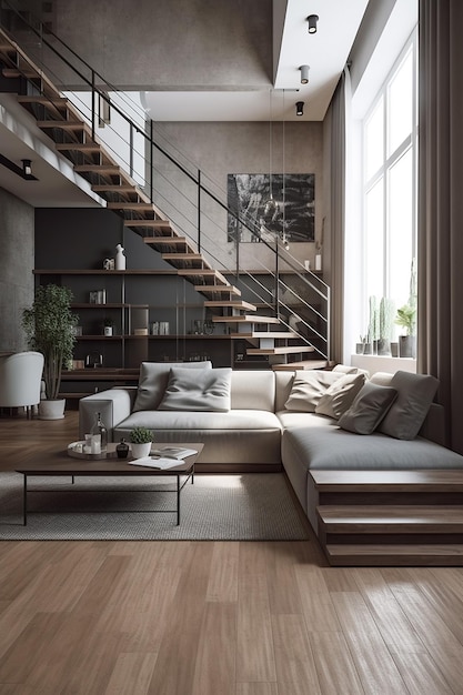 Un salon avec un canapé et un escalier avec une plante dans le coin supérieur gauche.