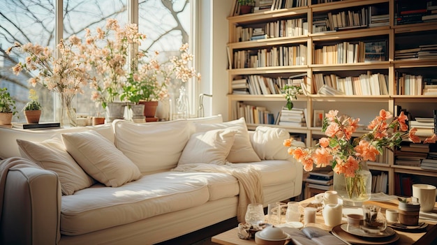 un salon avec un canapé, une étagère et une bibliothèque.