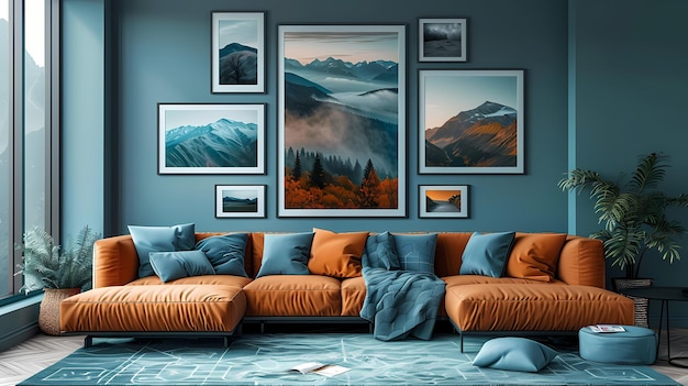 Photo un salon avec un canapé et une image de montagnes sur le mur