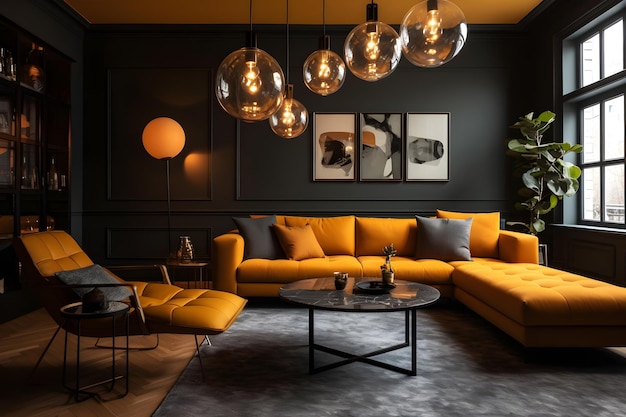 Un salon avec un canapé jaune et un mur noir avec de grands globes de verre suspendus.