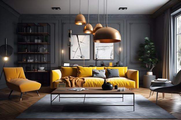 Un salon avec un canapé jaune et une table basse avec une grande suspension dorée.