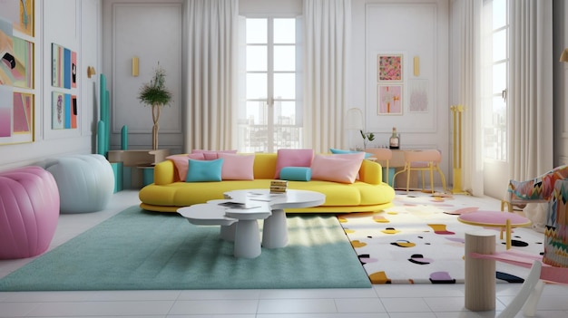 Un salon avec un canapé jaune et un tapis vert avec un tapis coloré.