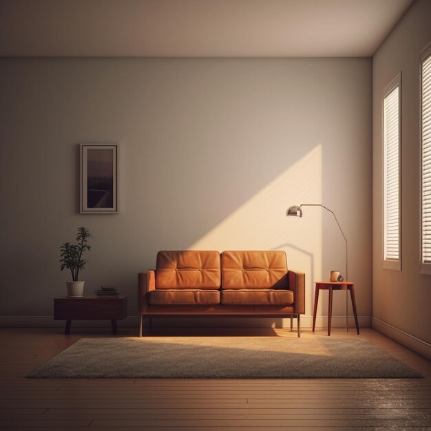 Un salon avec un canapé et une lampe au sol.