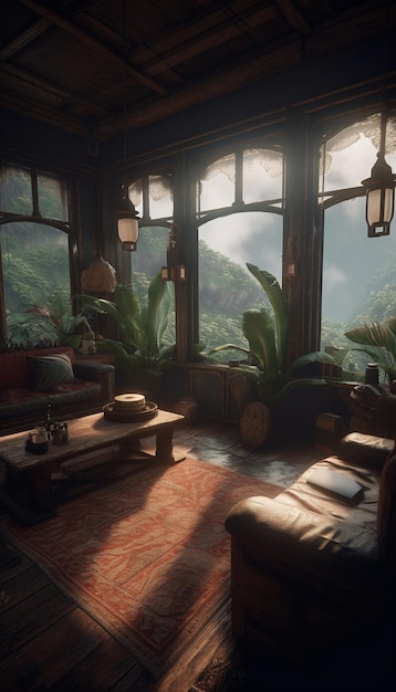 Un salon avec un canapé, une lampe et une fenêtre avec vue sur les montagnes.