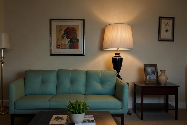 Un salon avec un canapé et une lampe sur le mur