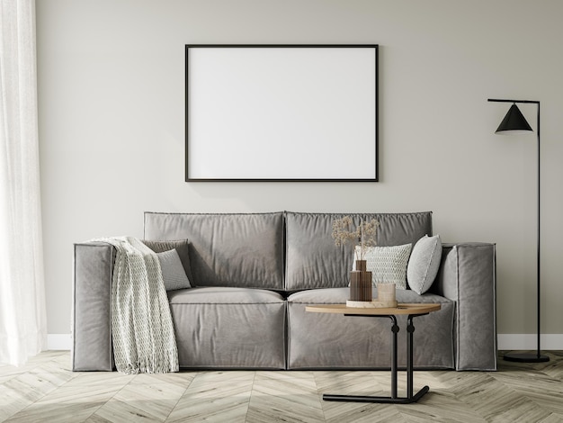 un salon avec un canapé et une lampe sur le mur