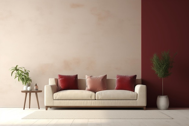 Salon avec canapé marron et murs en crème
