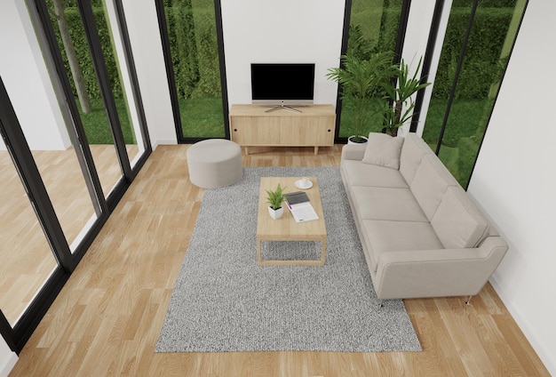 Salon avec canapé et moquette sur parquet vue de dessus rendu 3d de l'intérieur de la maison résidentielle