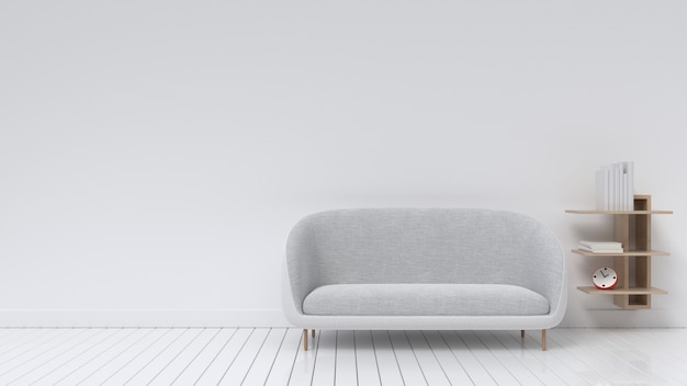 Salon avec canapé avec mur blanc, rendu 3D