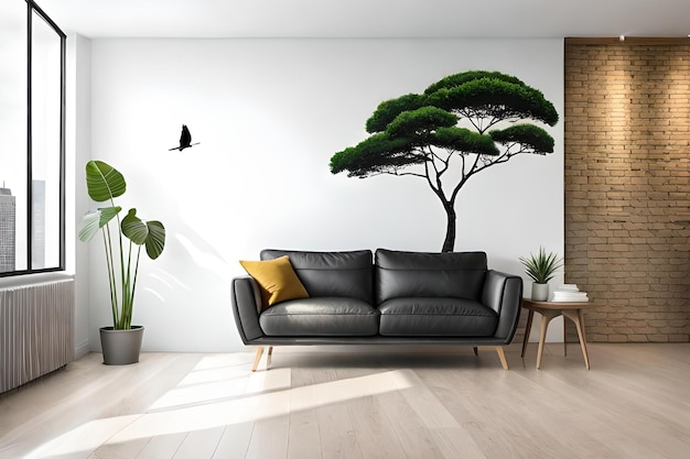 Un salon avec un canapé noir et un arbre au mur