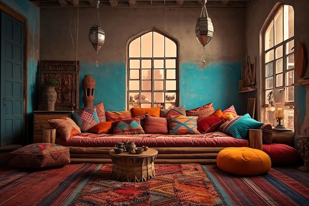 Un salon avec un canapé et des oreillers et une fenêtre avec un mur bleu derrière
