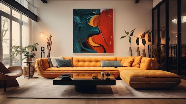 Un salon avec un canapé et un papier peint coloré