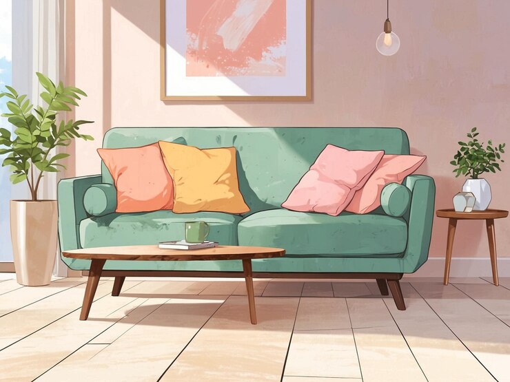 Salon avec un canapé pastel chic Illustration