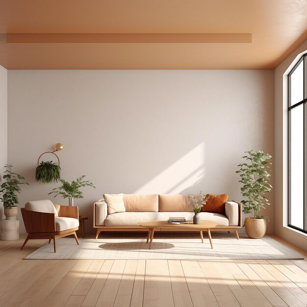 Un salon avec un canapé et une plante au mur