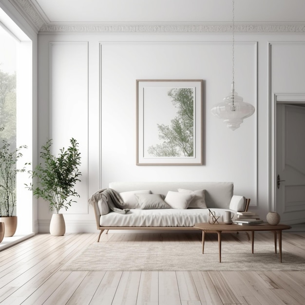 Un salon avec un canapé et une plante au mur