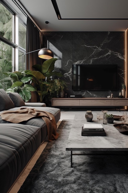 Un salon avec un canapé et une plante dans le coin