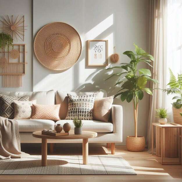 Photo un salon avec un canapé et une plante sur le mur